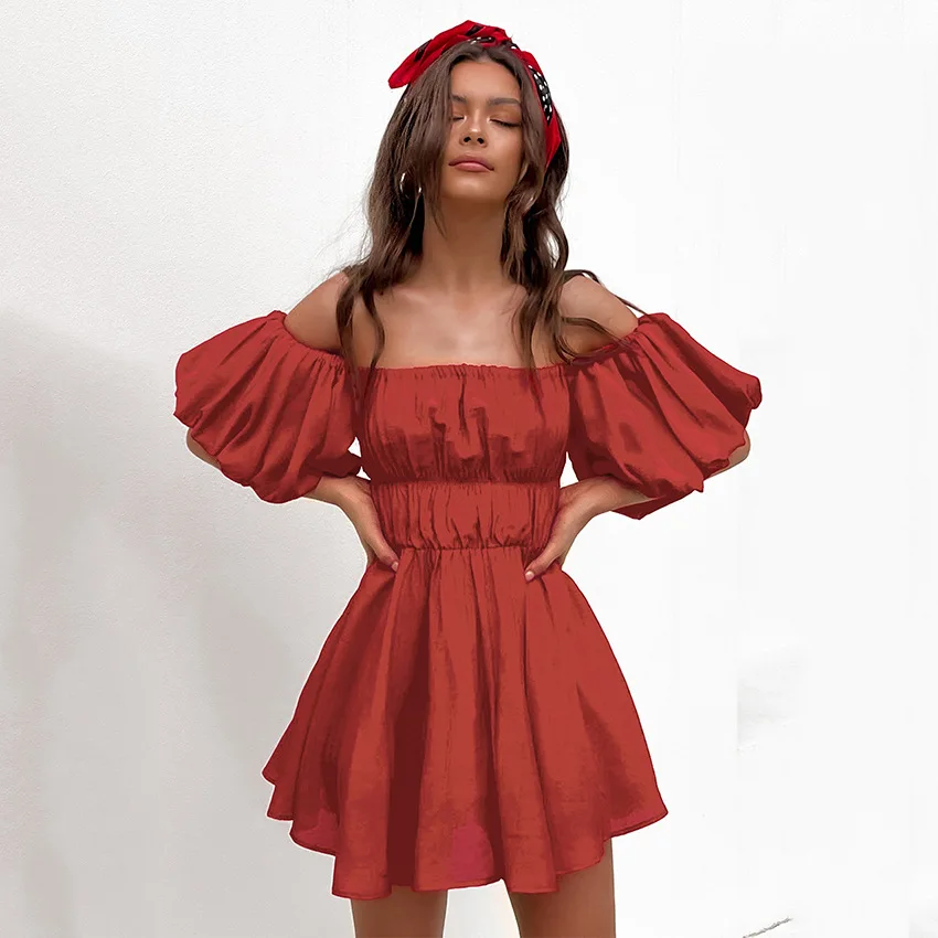 

AYUALIN Casual Mini Party Puff Sleeve Dresses 2022 Slash Neck Off Shoulder Sexy Dress for Women Vintage Ruffles Summer Vestidos