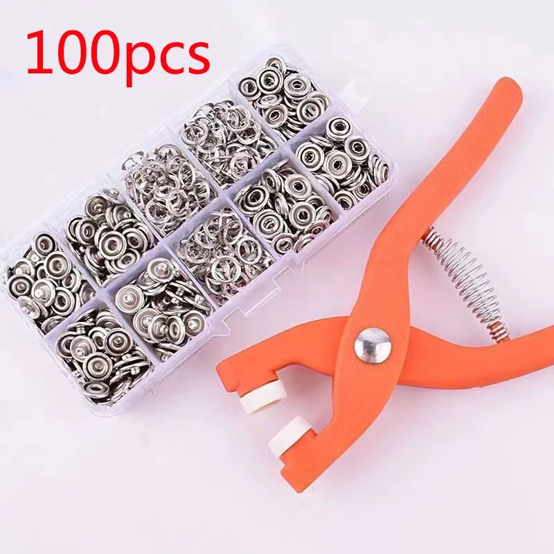 Plier Tool and 50/100 Set Metal Sewing Buttons Hollow Solid Five-claw Buckle Metal Snap Buttons for Installing Clothes DIY Craft