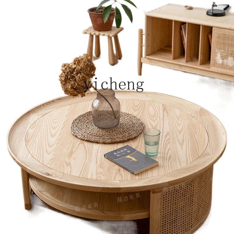 

XL Solid Wood round Coffee Table Japanese Tatami Rattan Tea Table round Bed & Breakfast Log