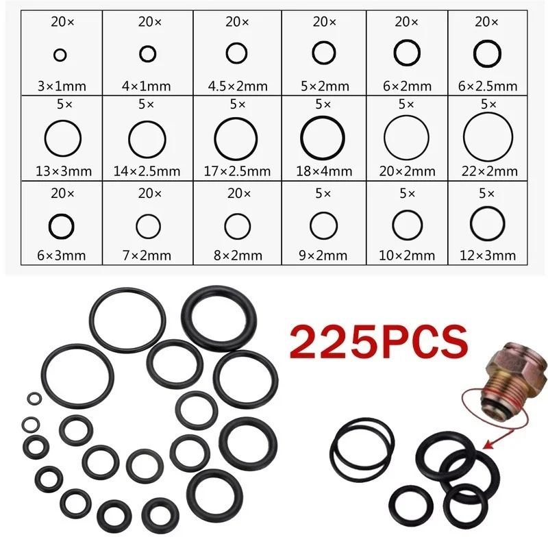 225pcs Car Seals Black Rubber O Ring Assortment Washer Oring Gasket 18