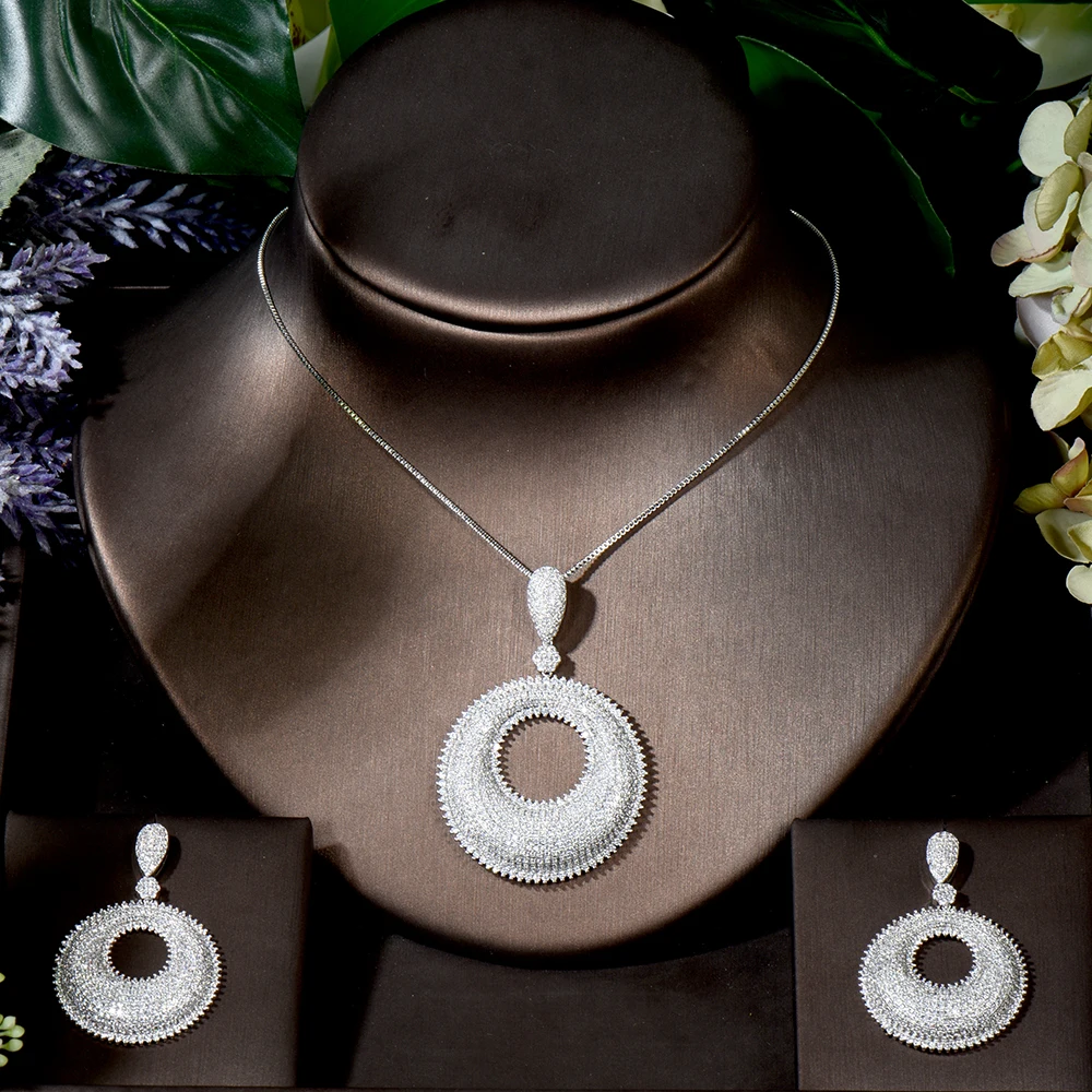 

Fashion 2pcs Mirco CZ Pave Circle Pendant Nigeria African Women Jewelry Sets Dress Accessories collar mujer N-552