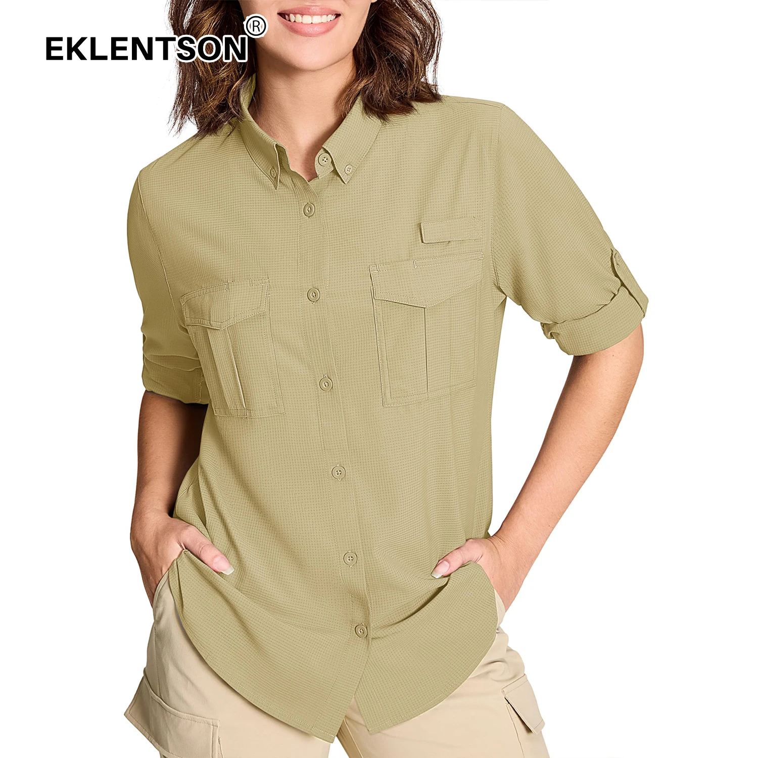 Fishing Shirts EKLENTSON Sun Protection Fishing Shirt Women's Long Sleeve Button Down Shirts Quick Dry Cooling Hiking Safari Tops
