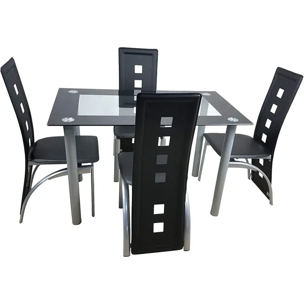 5-Piece Dining Table Set with 1 Glass Dining Table and 4 PVC ChairsKitchen & Breakfast Dining Living Room, Space Saving 5