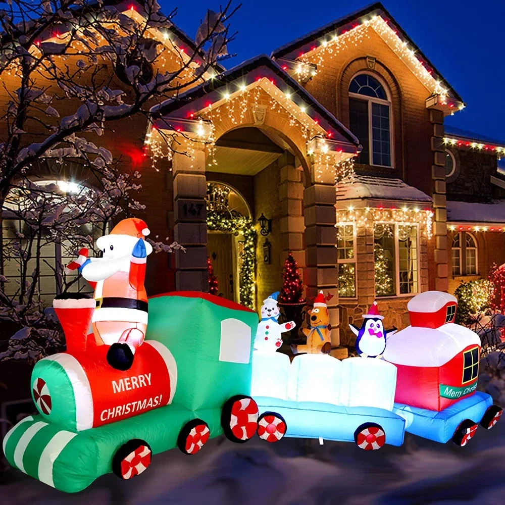 Christmas Inflatable Train with Colorful Lights Santa Claus Penguin Elk Outdoor Decoration for Holiday Lawn Garden Party Decor