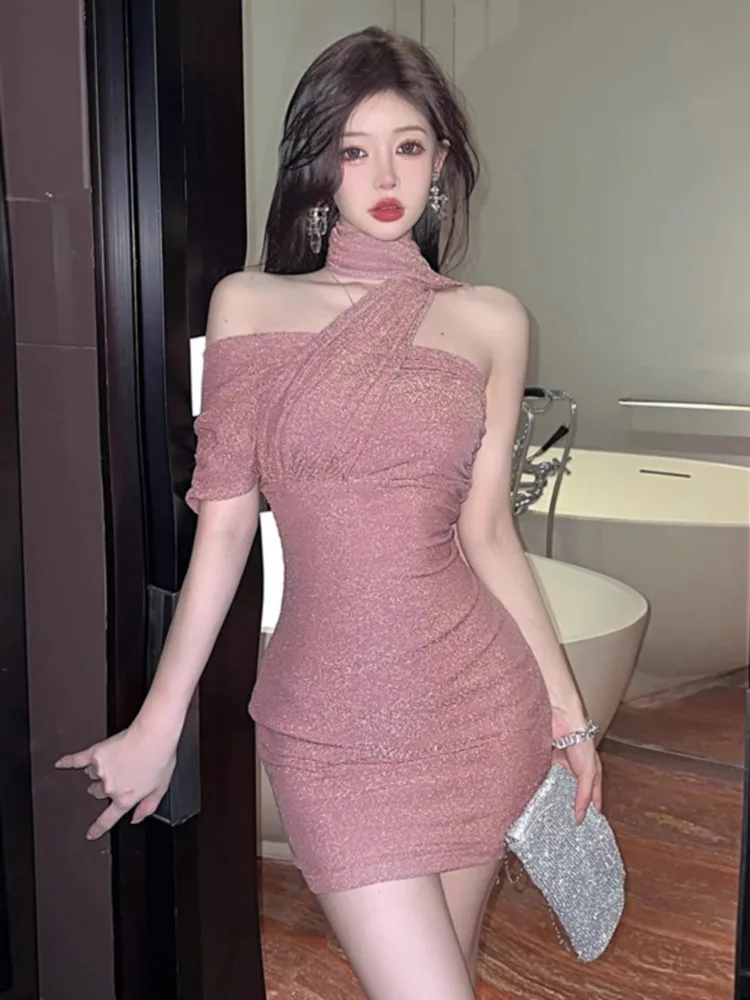 

Платье в стиле харадзпи с подвесным воротником, высококачественное пикантное блестящее платье в социалитовом стиле, элегантное темпераментное приталенное банкетное платье