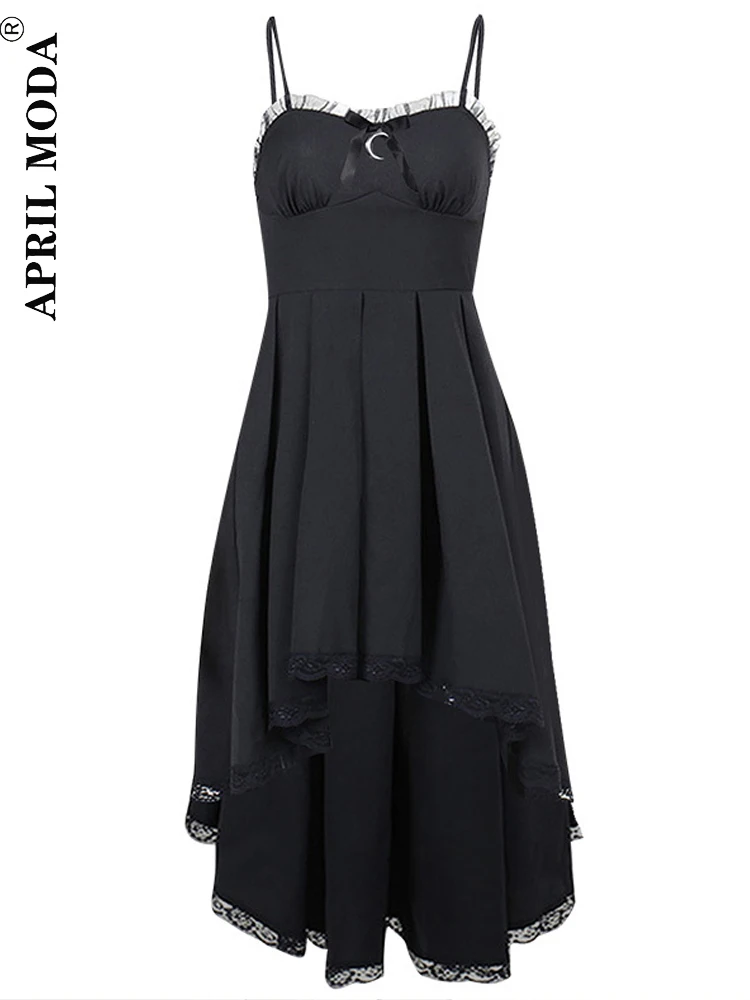 

2023 Elegant Summer Black Long Party Dress Spaghetti Straps Solid Sundress High Low Lace Gothic Midi Evening Dresses For Women