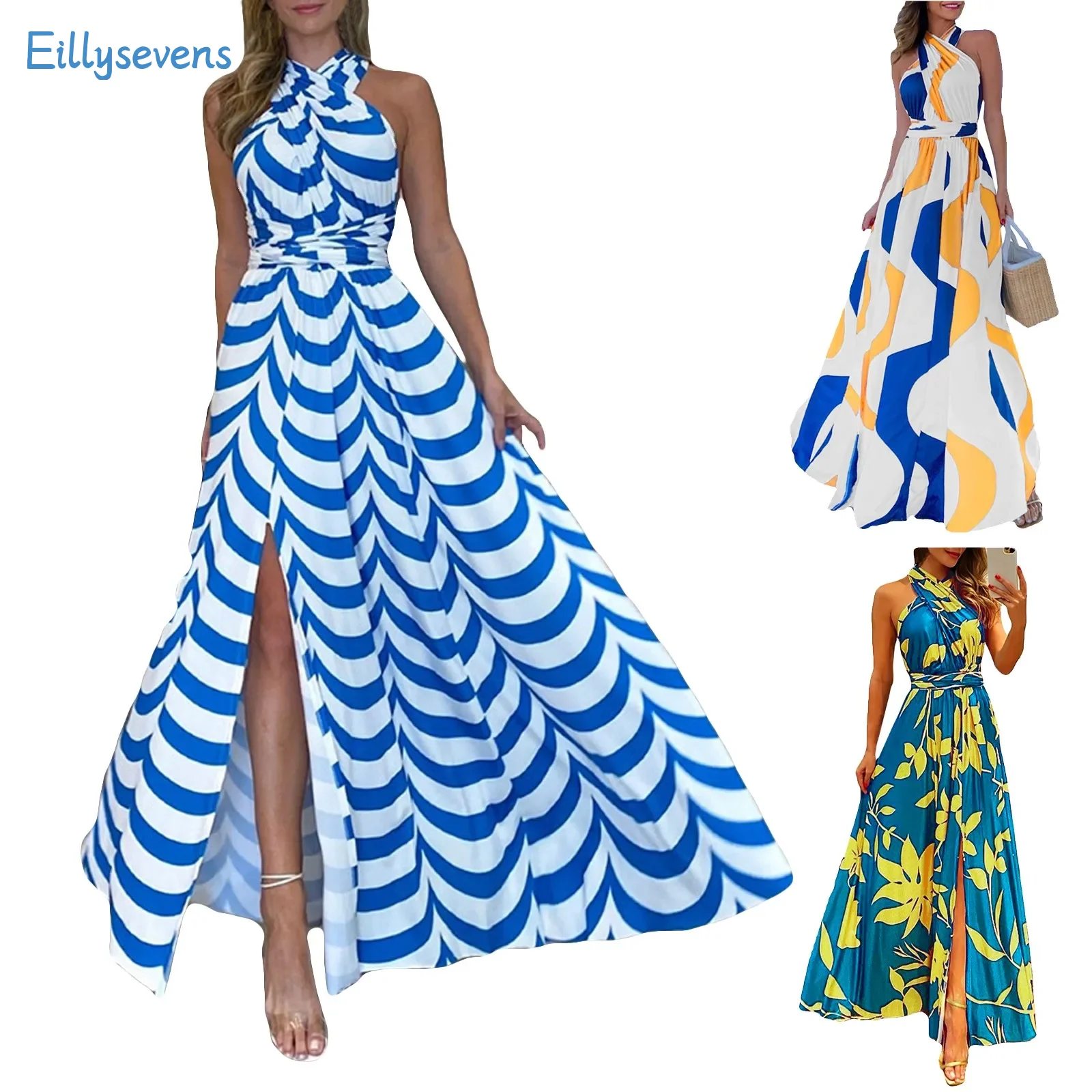 

Women'S Sexy Leak Back Dresses Fashion Elegant Temperament Off Shoulder Print Long Dress Daily Leisure Vacation Date Split Dress