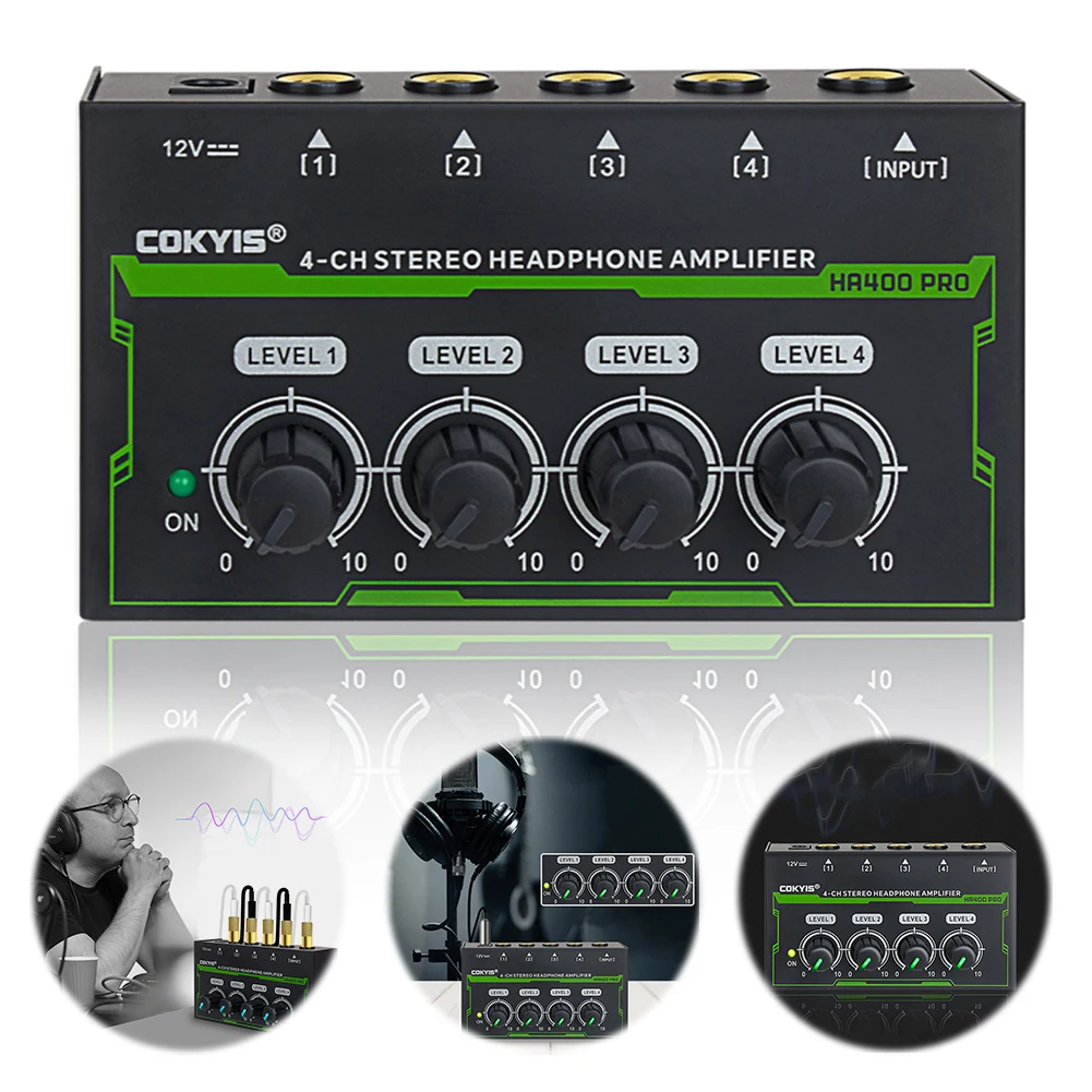 4-Channel Mini Headphone Amplifier with Power Adapter Ultra-Compact Stereo Audio Amplifier Stereo Headphone for Music