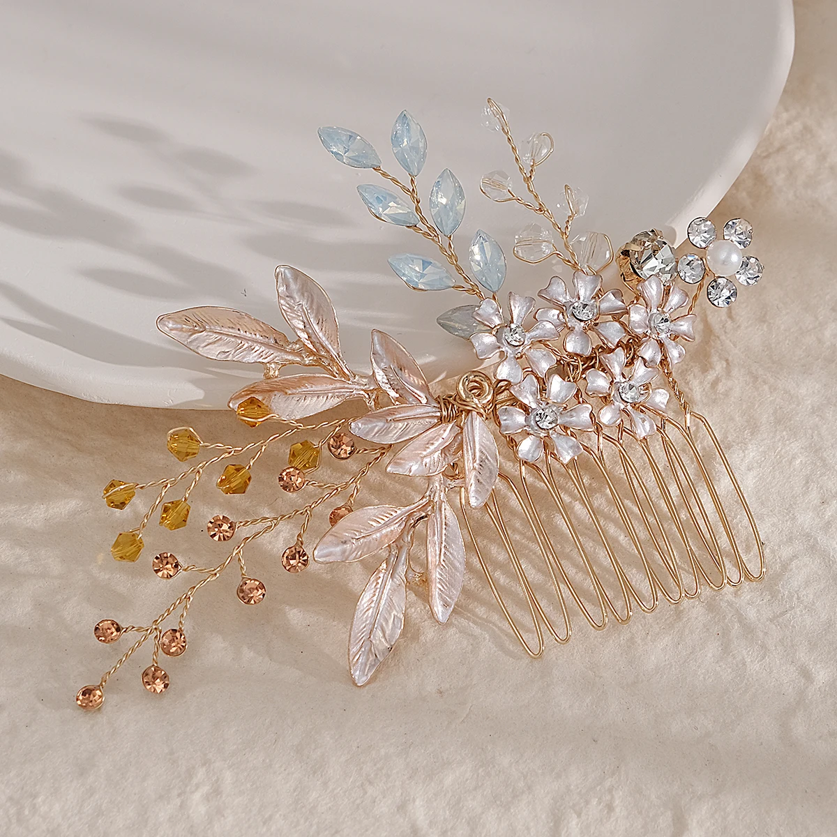 Goldene Mode handgemachte Kristall Perle Blume Haar Kamm Luxus Metall Seite Haar Clips Braut Platte Haar Kopfschmuck Schmuck – Detail 3