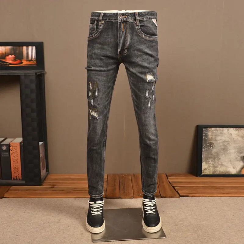 Italian Style Fashion Men Jeans Retro Black Gray Stretch Slim Fit Ripped Jeans Men Trousers Vintage Designer Denim Pants Hombre