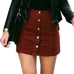 Women Suede Leather A-Line Skirts High Waist Solid Color Single Breasted Mini Skirts Lady Slim Casual Party Clubwear