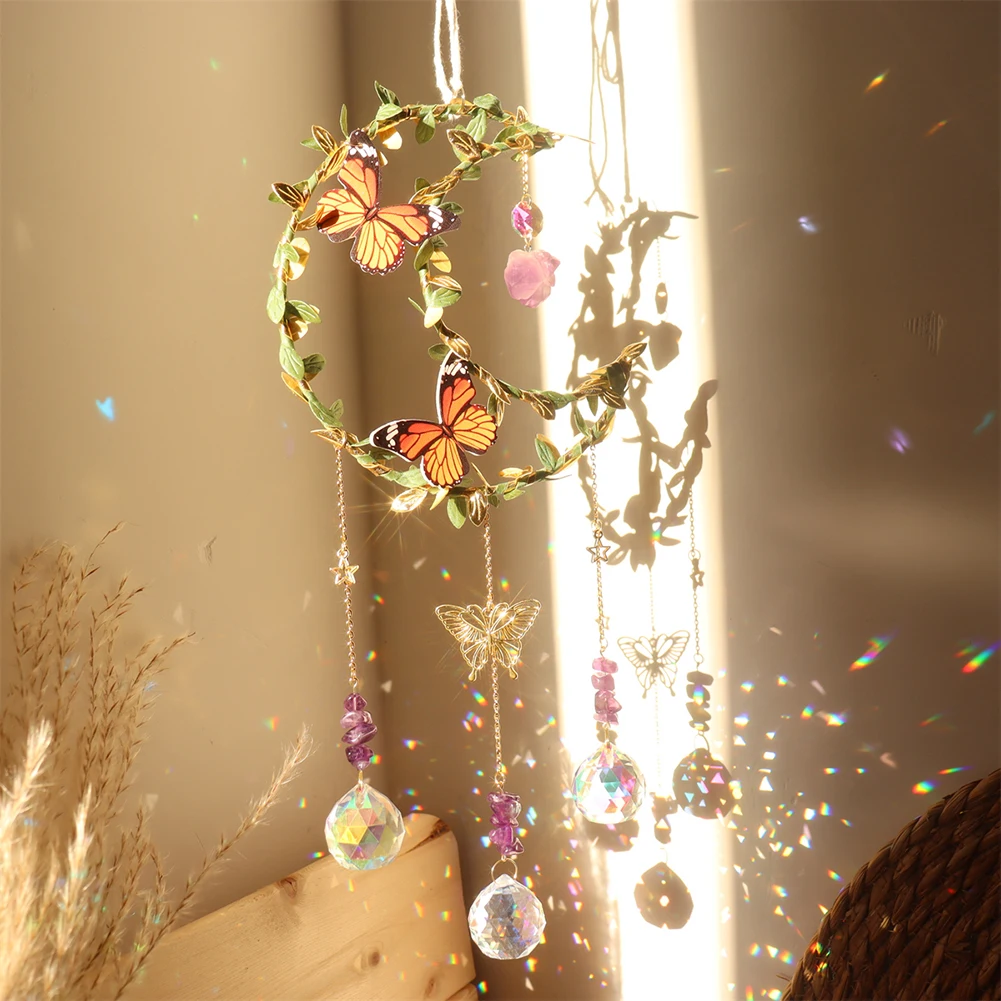 Crystal Prisms Pendant Star Moon Round Heart Light Catching Wind Chime Creative Sun Catcher Wind Chime for Wedding Decoration