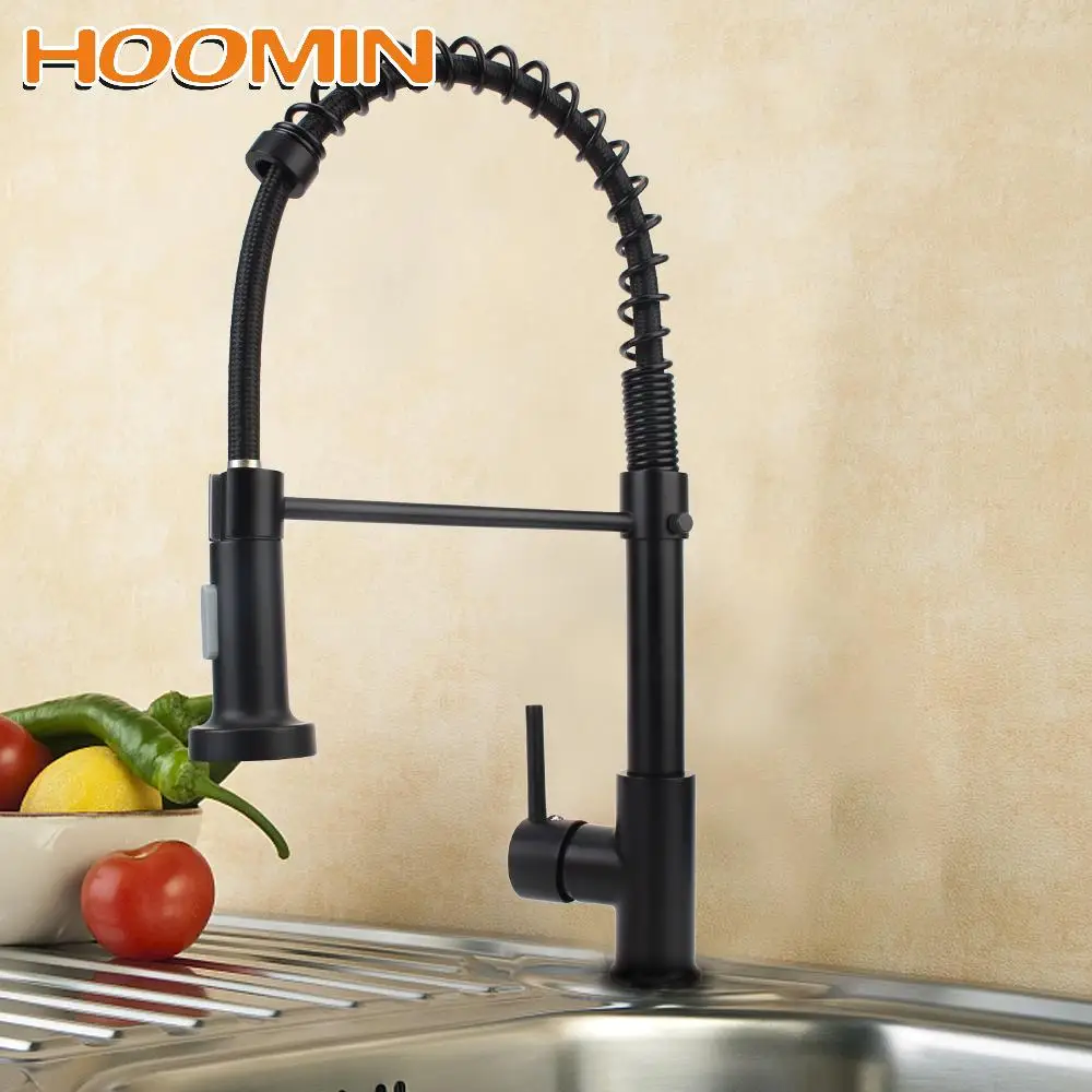 

HOOMIN Deck Mounted Mixer Tap Kitchen Sink 360 Degree Rotation Matte Black Spring Style with Spray Mixers Taps Kitchen Faucet