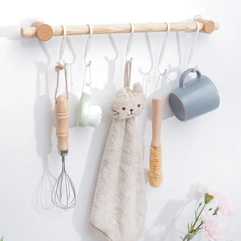 

Wooden Wall Hanging Rod Hook Storage Rack Bedroom Kitchen Towel Mug Hanger Wall Door Organizer Hole-free Sticky or Screw Install