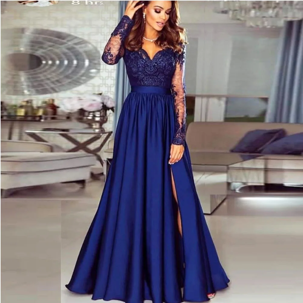 Womens Dresses Long Sleeve Navy Blue Lace Dress Navy Blue Long Sleeve  Bridesmaid Dress Missord A-