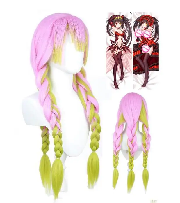 

Парик для косплея высокого качества Аниме длинные зеленые розовые термостойкие синтетические волосы парики на Хэллоуин Аниме Подушка искусственная дакимакура