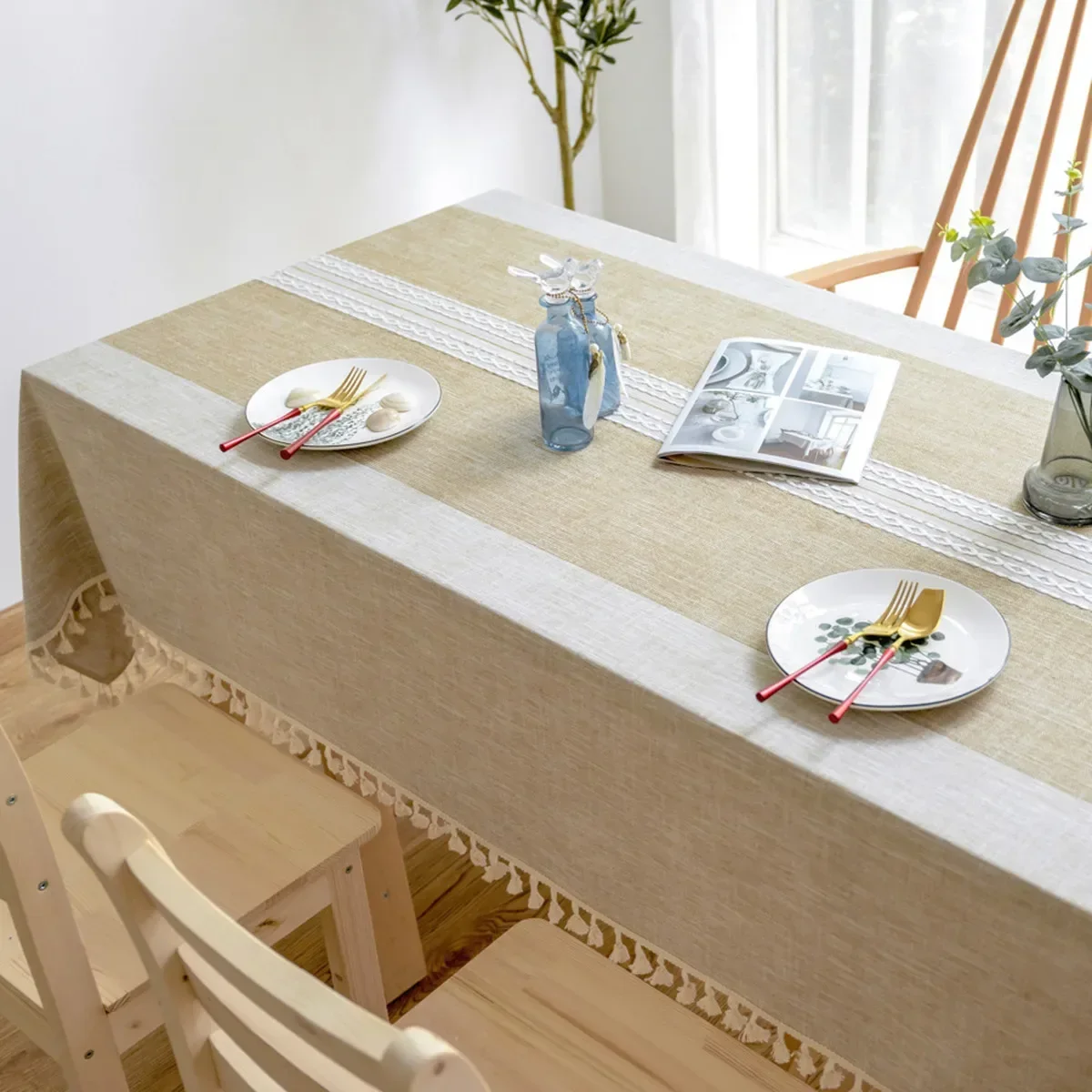 

Modern Plaid Decorative Linen Tablecloth With Tassels Waterproof Oilproof Rectangular Wedding Dining Table Cover Tea Table Cloth