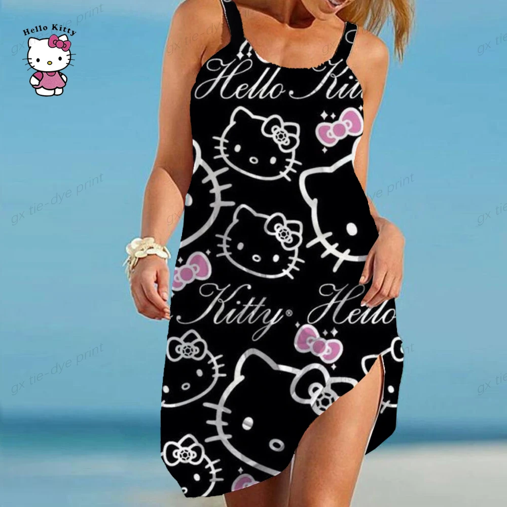 

Женское летнее платье с лямкой на шее, с открытой спиной и принтом Hello Kitty