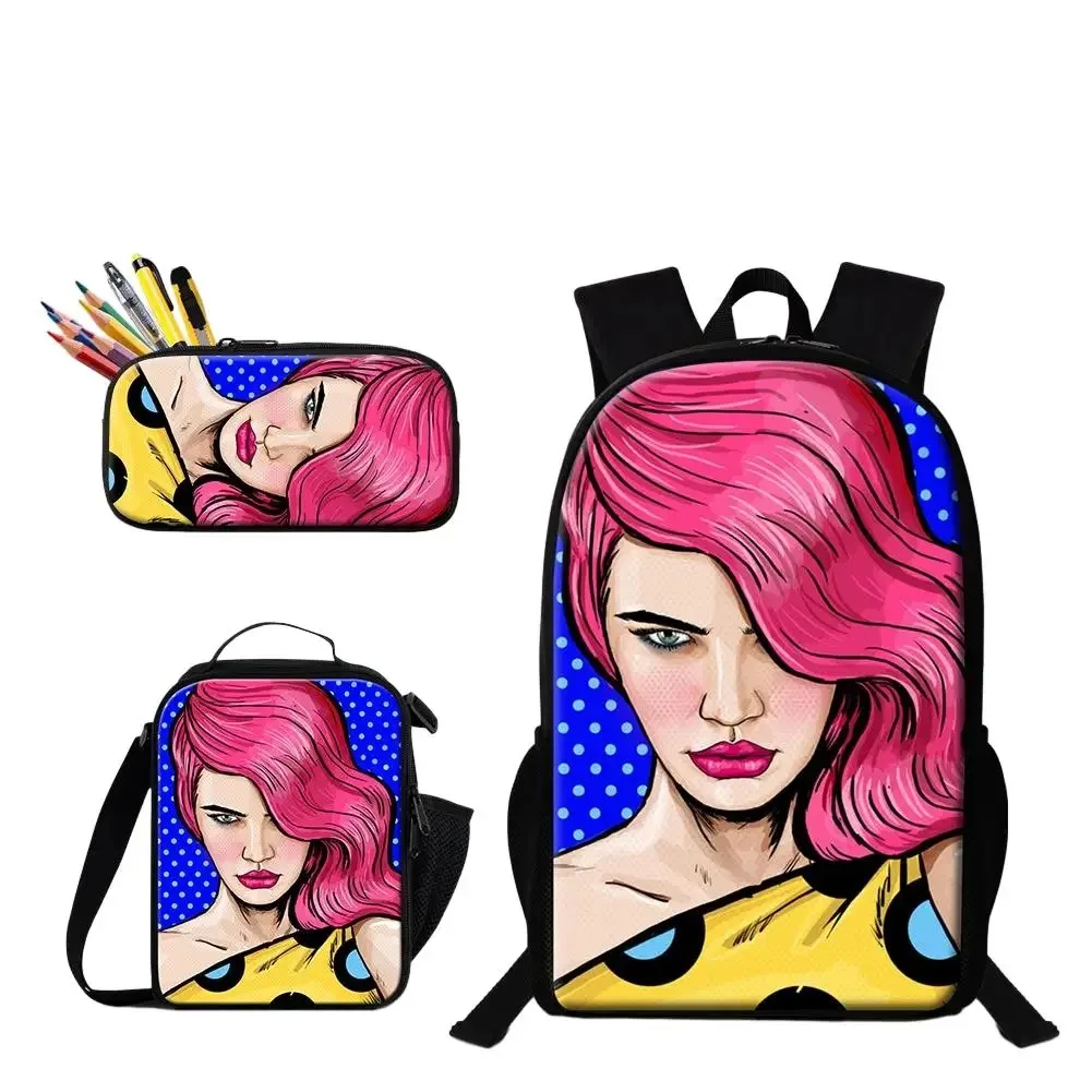 Harajuku 3-Piece Set Mochilas Escolares, Heat Press, Transferência, Sublimação, 3D Print, Laptop, Mochila, Mochila, Lunch Bag,