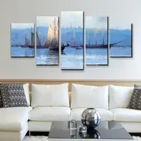 Mintura,5 PCS,Hand-Painted Blue Ocean White Sailing Boat Oil Painting On Canvas,Modern Wall Art Picture For Room Home Decoration 4