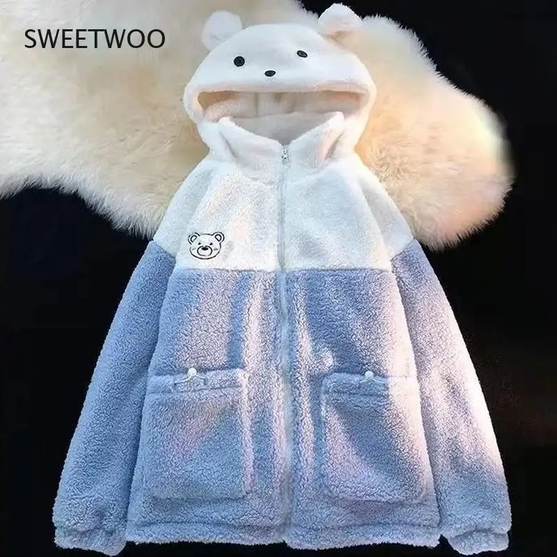 

Thicken Warm Zip Up Hoodies Women Korean Fashion Bear Anime Hoodie Long Sleeve Hooded Kawaii Top Loose Clothing