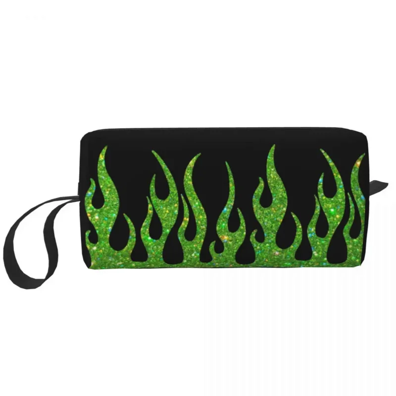 

Green Glitter Flames Makeup Bag Travel Cosmetic Organizer Fashion Vintage Fire Aesthetic Storage Toiletry Bags Dopp Kit Box Case