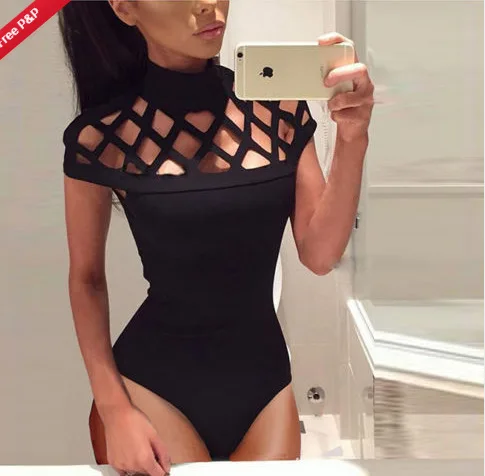 Жіночий обтягуючий порожній комбінезон з високим вирізом Сексуальне тонке боді з короткими рукавами Комбінезони Літні однотонні комбінезони Боді Жіночий одяг