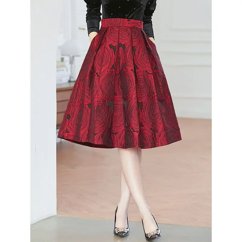 

Woman Retro Floral Aesthetic Jacquard High-waisted Long A-line Pleated Skirt Ladies Autumn Hepburn Vintage Elegant Women Q589