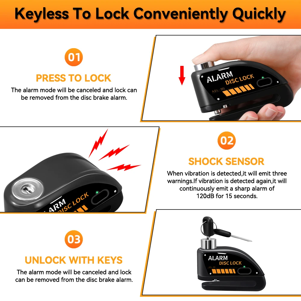 Rechargeable Waterproof 120dB Loud Motorcycle Anti-Theft Alarm Disc Brake Lock