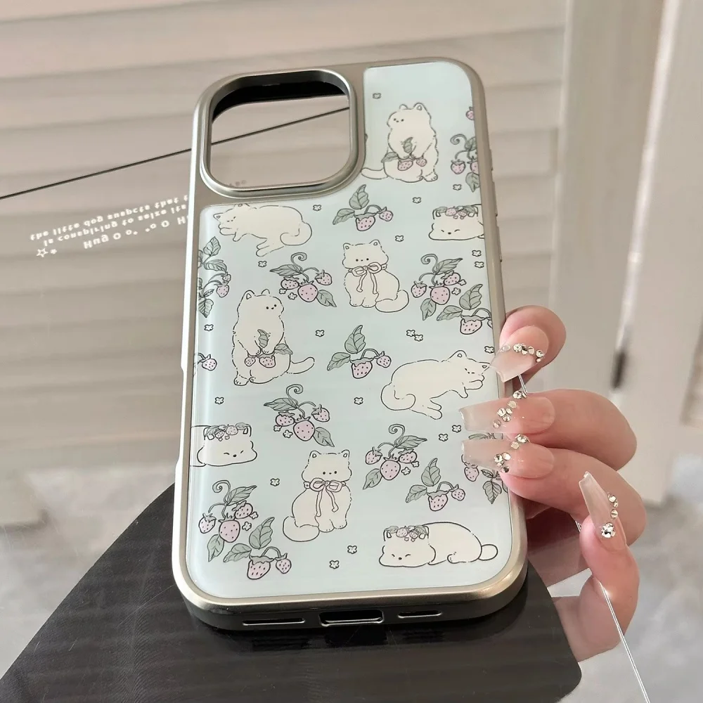 Cute Korean Strawberry Kitten Electroplated Phone Case with Drip Glue Finish