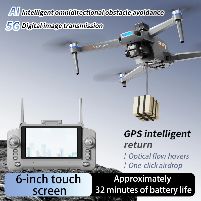 Drone professionnel larguant un colis en vol, système de retour automatique visible