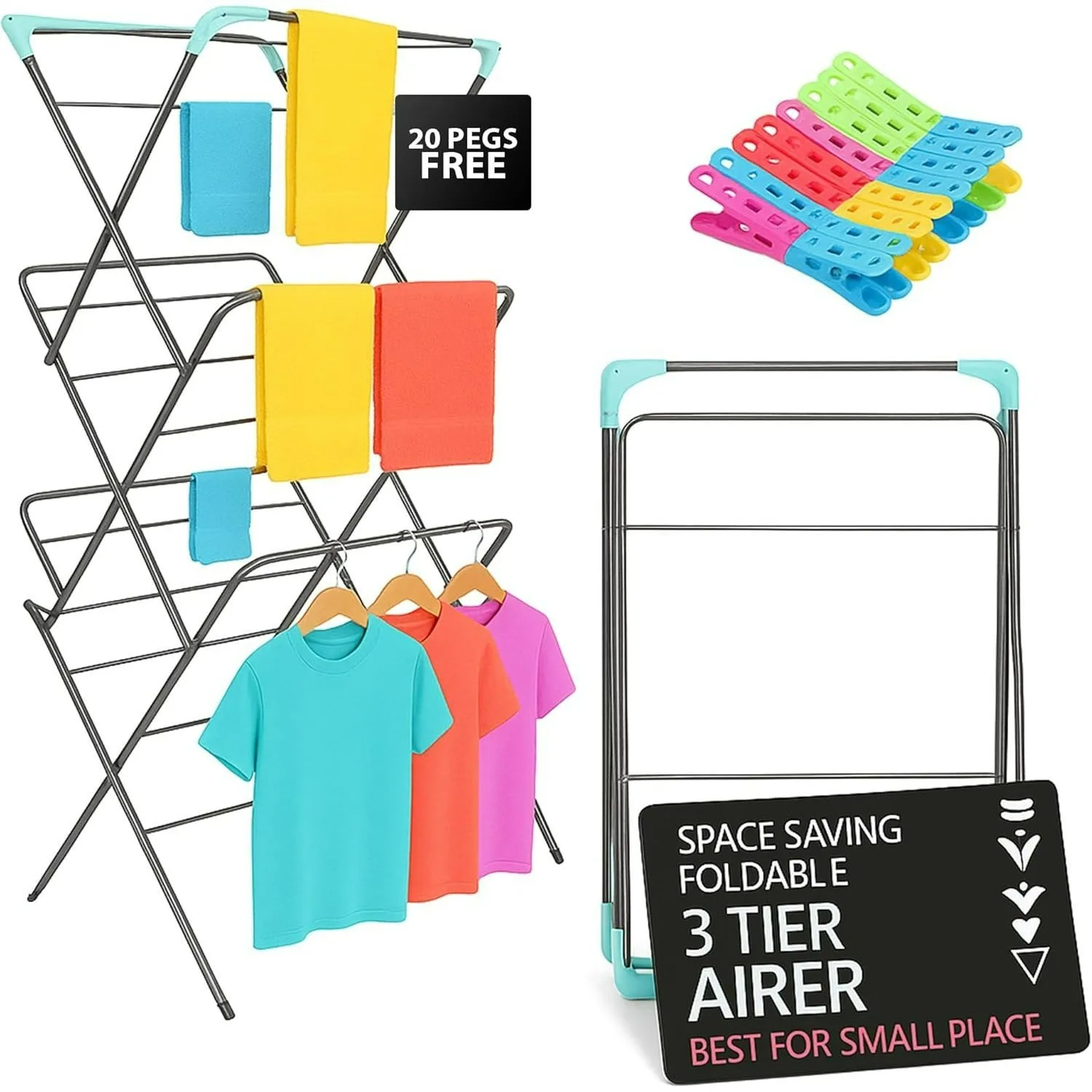 EPISENT 3-Tier Clothes Airer Drying Rack, 12M Washing Line Airer with Foldable Racks, Indoor & Outdoor Clothes Dryer Airers, Space Saving Laundry Rack, Easy to Store