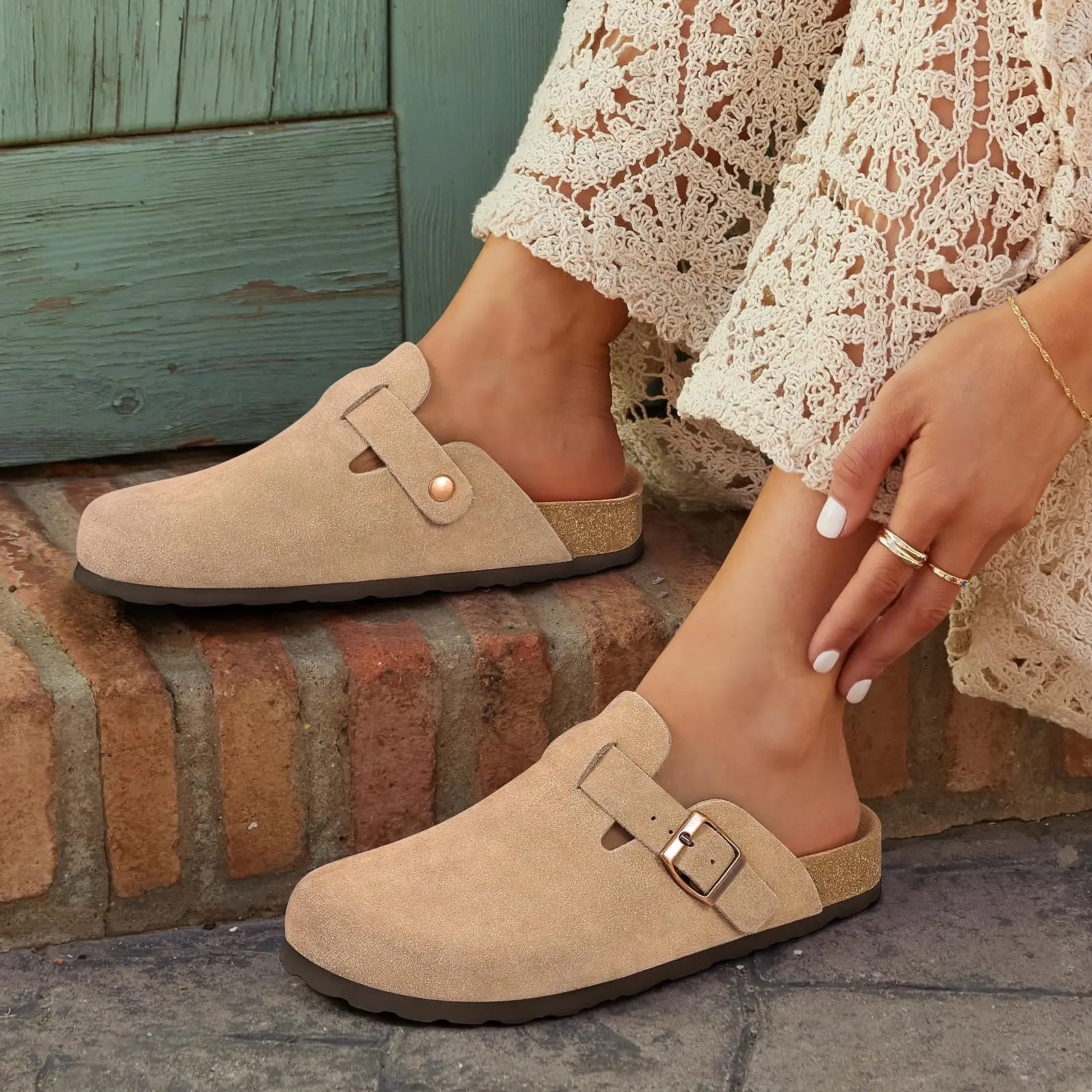Asgard Women Suede Clogs Genuine Leather Mules Adjustable Buckle With Comfort Cork Footbed And Arch Support Aldult_vogvips.com