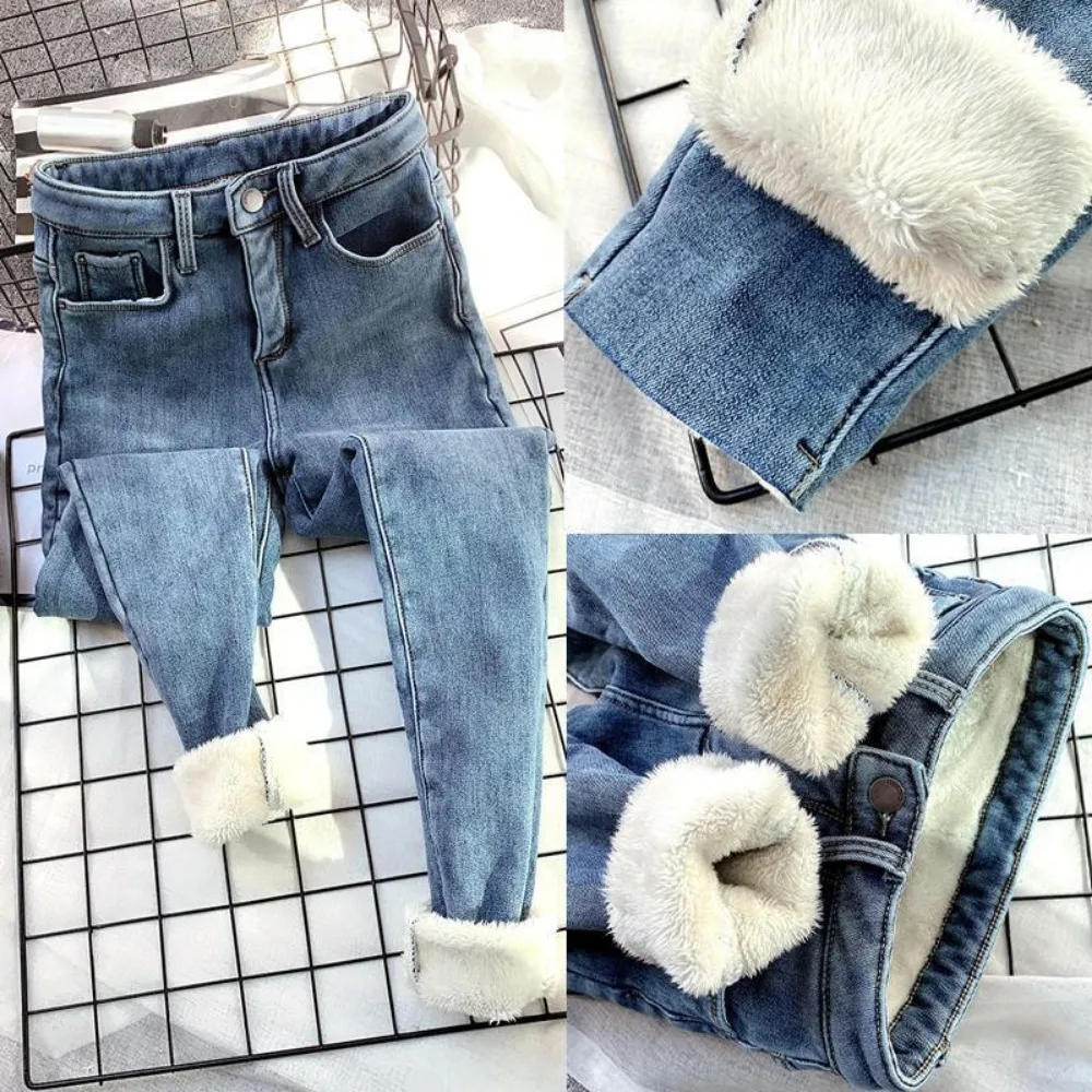 High Waist Winter Denim Pencil Pants Fashion Thick Fleece Skinny  Women Black Grey Vintage Cashmere Jeans Female Womens Clothing
