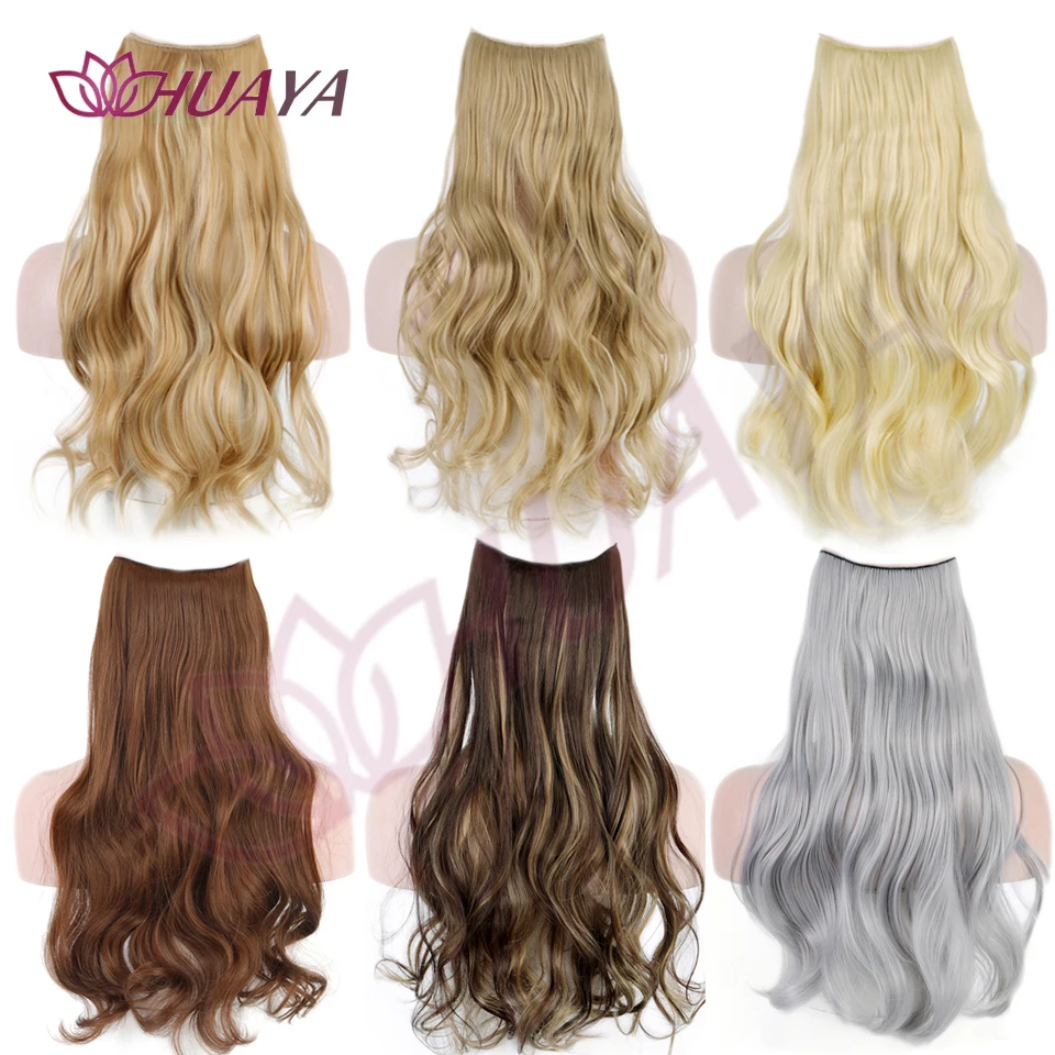 Synthetic No Clip Wavy Hair Extensions Long Natural Black Blonde Brown One Piece False Hairpiece Fish Line Fake Hair Piece