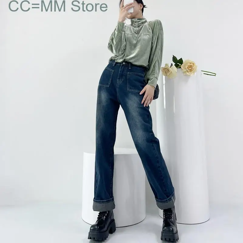 New Vintage Baggy Denim Pants for Women Korean High Waist Pockets Wide Leg Trousers Office Ladies Fashion Summer Jeans