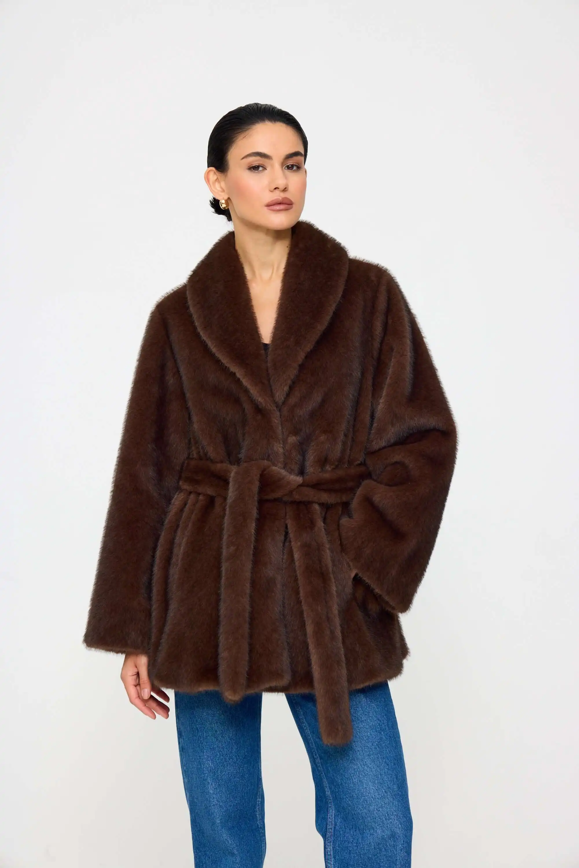 Laur 2026 Shawl Collar Faux Fur Coat Drawstring Waist Mid Length Warm Winter Ladies Plush Fluffy Outerwear