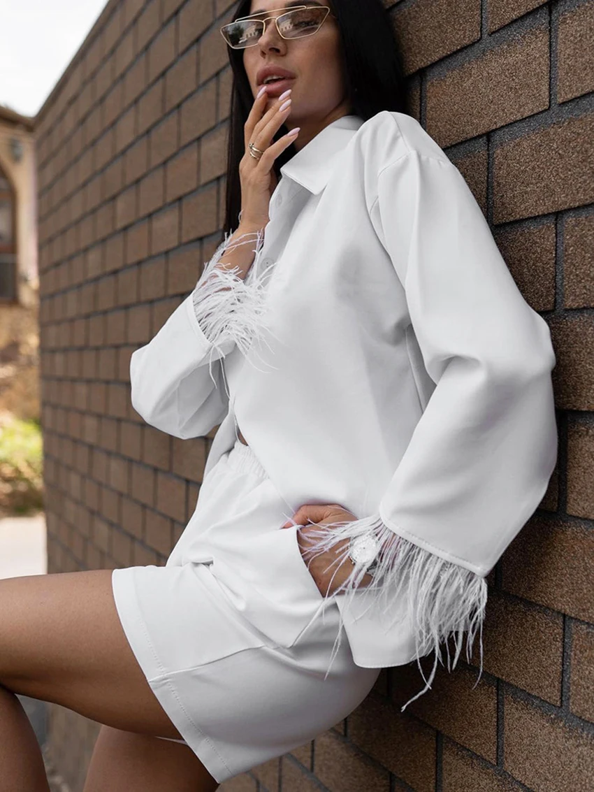 Marthaqiqi Feathers Patchwork Women Pajama Set Long Sleeve Sleepwear Turn-Down Collar Nightwear Shorts Fashion Nightie Suit