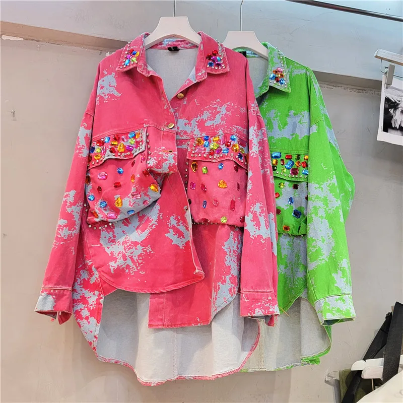 

2024 Spring Summer New Pink Denim Jacket Women European Fashion Shirt Top Printed Beaded Diamond Cardigan Coat LX178