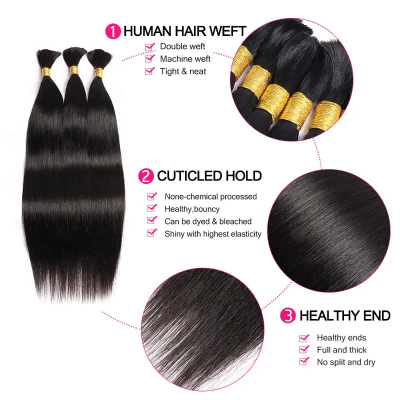 땋은 스트레이트 브라질리언 버진 인모 벌크, 살롱 하이 퀄리티 천연 블랙 1B 색상, 16-24 인치, 50g