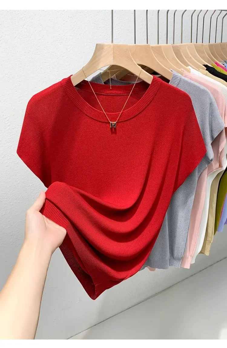 Neue Oansatz Kragen T-shirt Koreanische Eis Seide Stricken Kurzen ärmeln Slim-fit Elastische Feste Innere Bodenbildung Shirt Sexy große Brust T-shirt – Detail 10