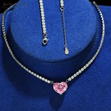 

Serenity Day Women Trendy S925 Silver Sterling Chain Chocker 10*12 Pink Heart Dazzling High Carbon Diamond Pendant Necklace