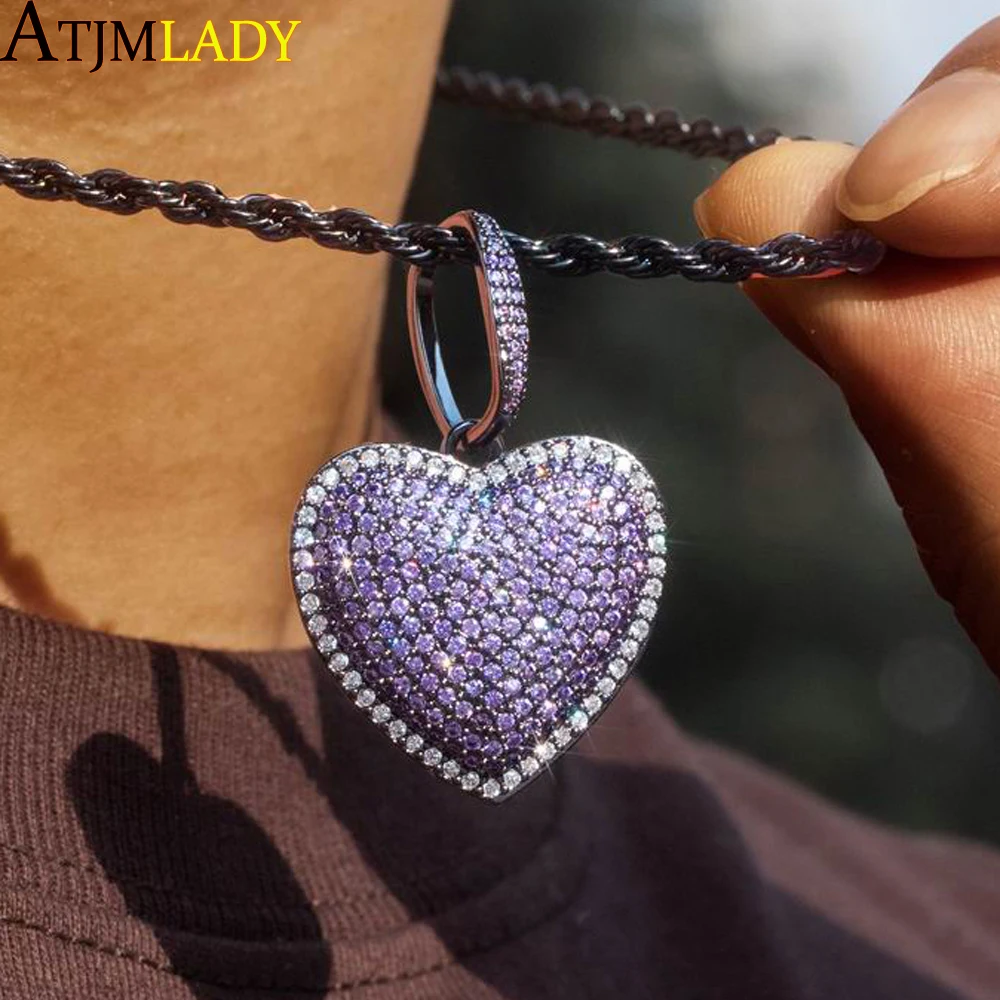 Hip Hop Bling Heart Pendant Necklace Micro Pave Purple Blue