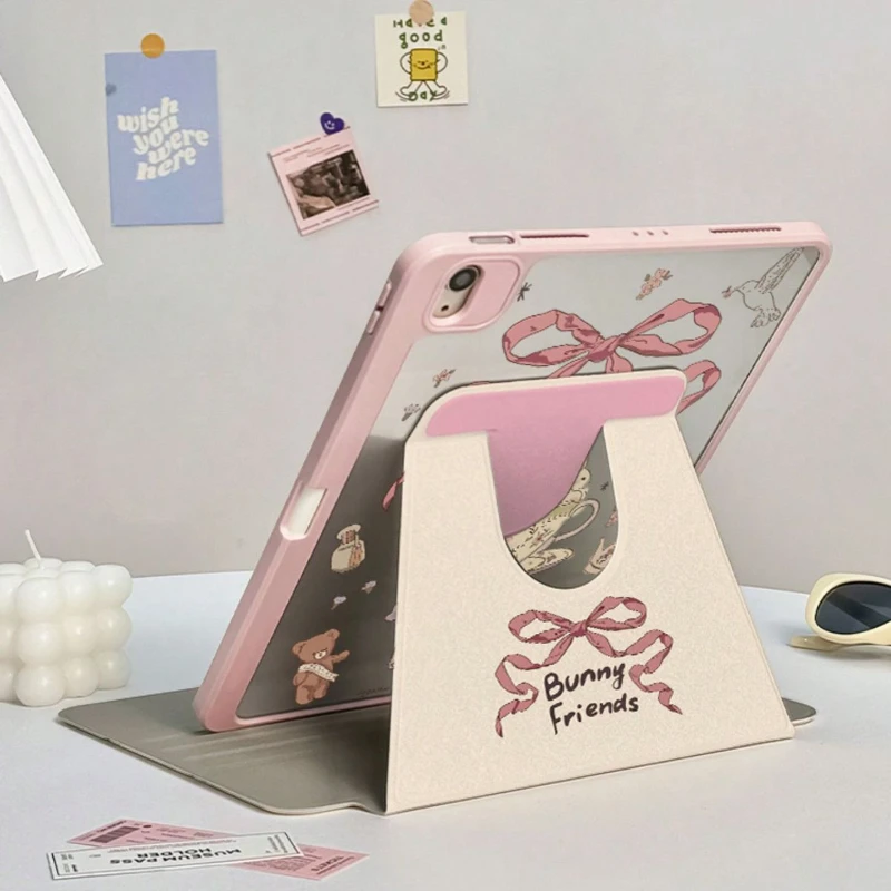 Elegant Bow Tie Teacup Bunny Rotating Tablet Cover