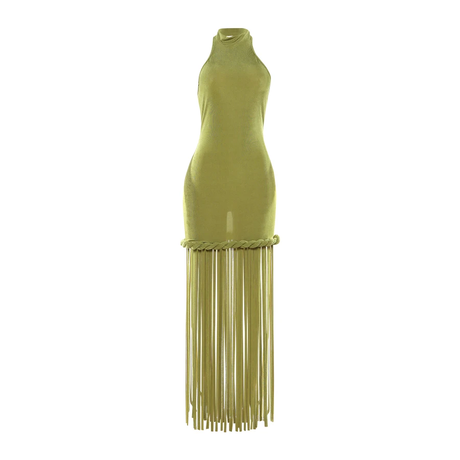 Sisterlinda Sexy Kleid mit Fransenbesatz Damen Neckholder Rückenfreies Elegantes Figurbetontes Stretch-Kleid für Sommerurlaub und Abendveranstaltungen – Detail 2