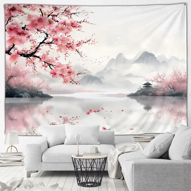 Tapisserie de paysage japonais, fleurs de cerisier roses, montagne brumeuse, paysage asiatique, décoration murale pour la maison, le salon et la chambre à coucher 3