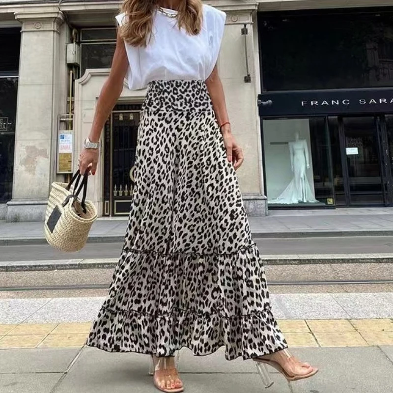 Fashion Leopard Print Skirt for Women New Summer Big Swing Skirt High Waist A-line Long Skirts 8679