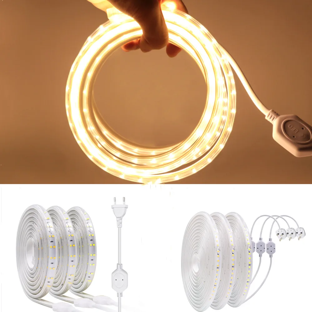 

LED Strip 220V High Brightness 120LEDs/m Diode Tape Ribbon Light SMD2835 Flexible Outdoor Waterproof Lamp 1M 5M 10M 15M 20M