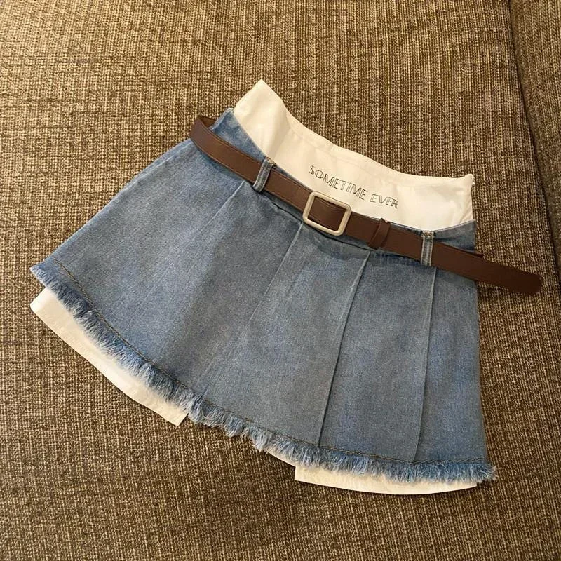 New Gidyq High Waist Women Denim Skirts Summer Korean Patchwork Casual Mini Skirts Streetwear Female Tassels A Line Jeans Skirts