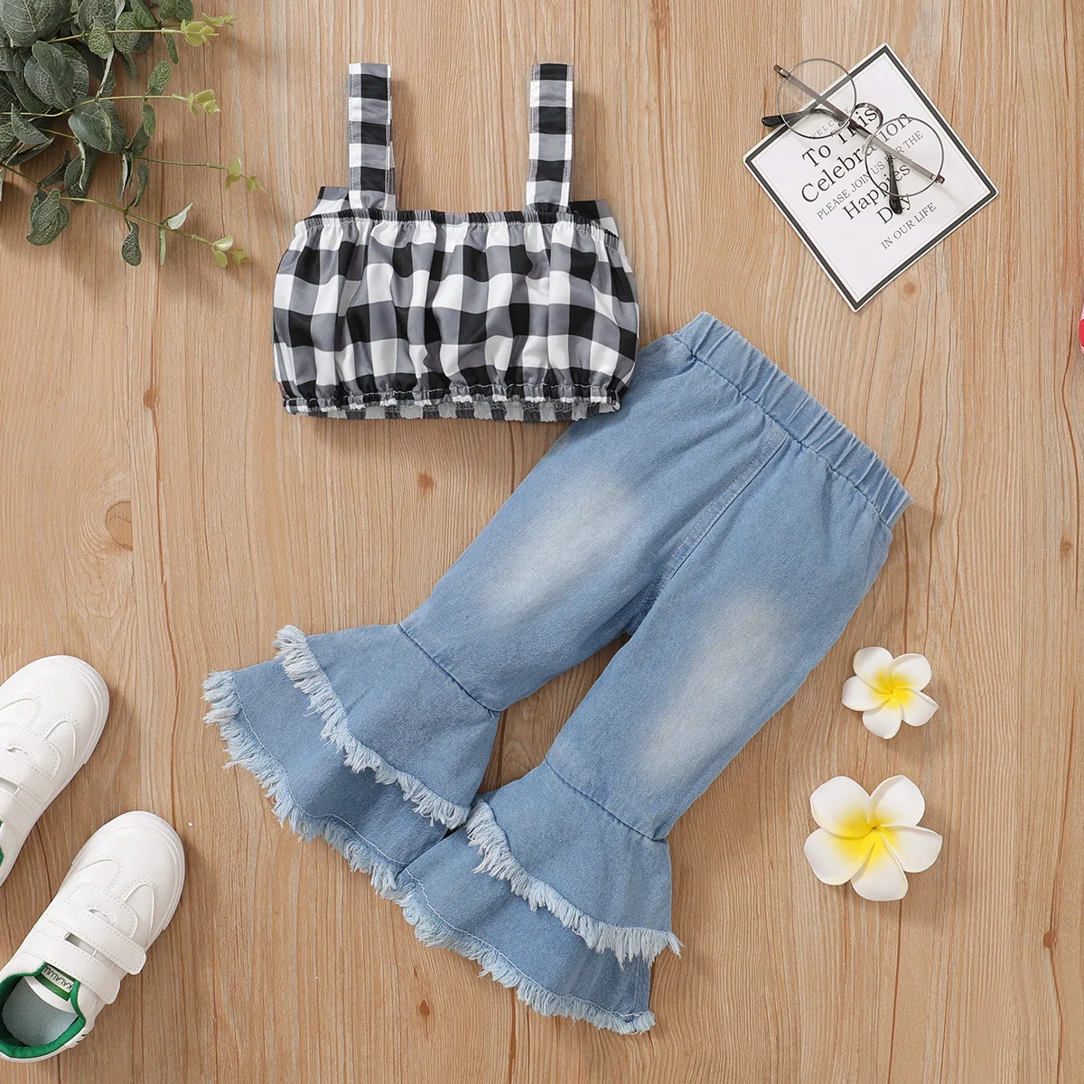 Summer Toddler Baby Girl Clothes 9 to 12 Months Plaid Bow Tops and Flared Denim Pants 2PCS Infant Outfits Kids Bebes Tracksuits newborn baby clothing set